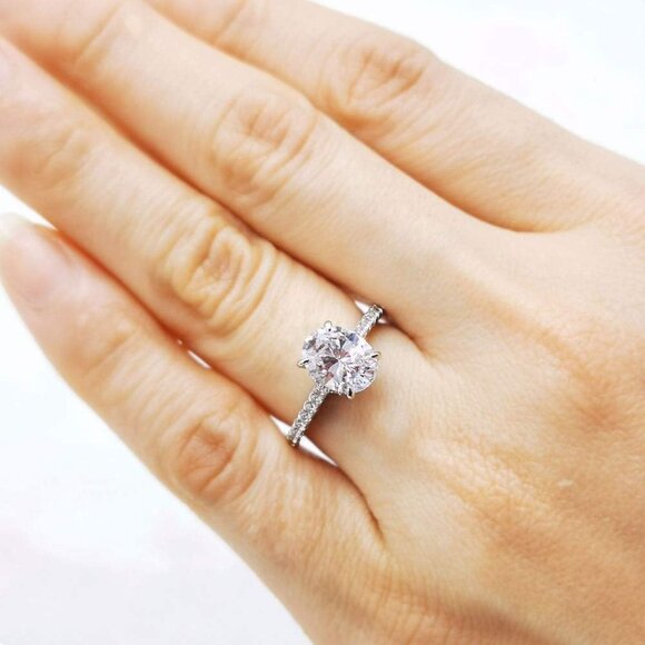 2ct Oval Cubic Zirconia Engagement Ring Sterling Silver Rhodium Plated - Picture 6 of 6
